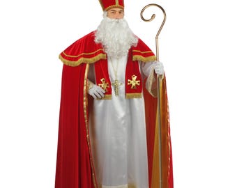 May include: A red and gold bishop's robe with a white cassock and a white beard. The bishop is holding a gold staff.