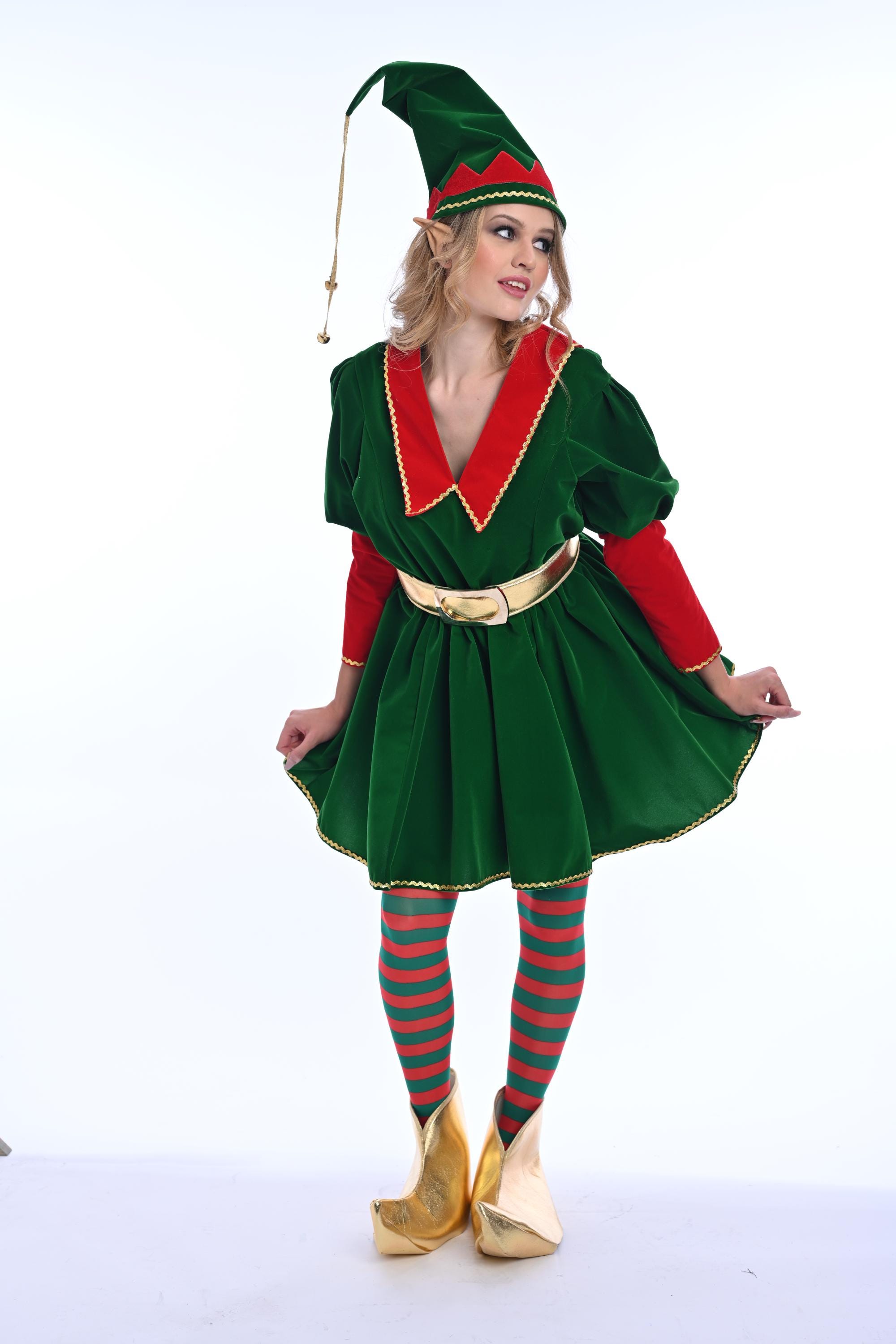 holiday dresses pick up today Christmas Elf Dress Costume: Women's Green Velvet Handmade Outfit With Accessories sleeveless dress maxi