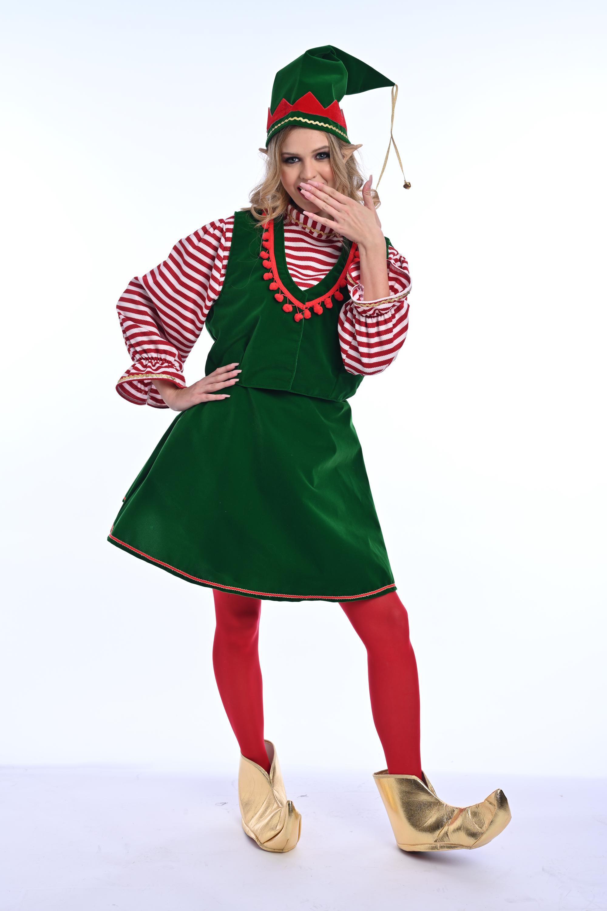 Women's Christmas Elf Dress: Handmade Green Velvet Costume with Vest & Skirt for Ladies