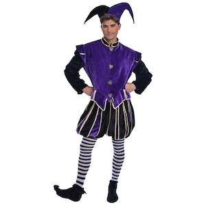 Disfraz de bufón de Halloween para adulto: traje de Joker de terciopelo morado y negro con ribete dorado. Disfraz para ferias renacentistas, Halloween y teatro.
