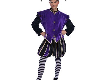 Halloween Jester Costume for Adults – Purple and Black Velvet Joker Outfit with Gold Trim – Renaissance Fair, Halloween, and Theater Costume