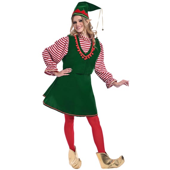 Women's Christmas Elf Dress: Handmade Green Velvet Costume with Vest & Skirt for Ladies