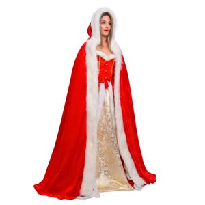 Unisex Weihnachten Rot Samt Umhang, Kapuze Santa Umhang mit weißem Kunstpelz, Langer Feiertagsumhang, Einheitsgröße, Mrs Claus Umhang für Frauen