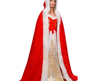 Unisex Christmas Red Velvet Cape, Hooded Santa Cape with White Faux Fur, Long Holiday Cloak, One Size Fits All, Mrs Claus Cape for Women