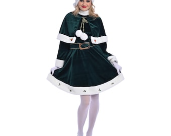 May include: A dark green Christmas costume with white trim, featuring a matching hat, cape, and dress. The outfit includes a gold belt and white gloves. The hat is adorned with holly berries, and the dress has a flared skirt.