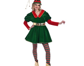Green Velvet Elf Dress Set for Christmas Costume & Cosplay With Belt and  Striped Socks - Etsy