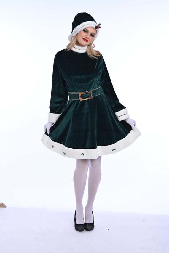 green mrs claus dress Velvet Costume: Miss Santa Outfit With Cape & Hat, Handmade Christmas for Women 2/26