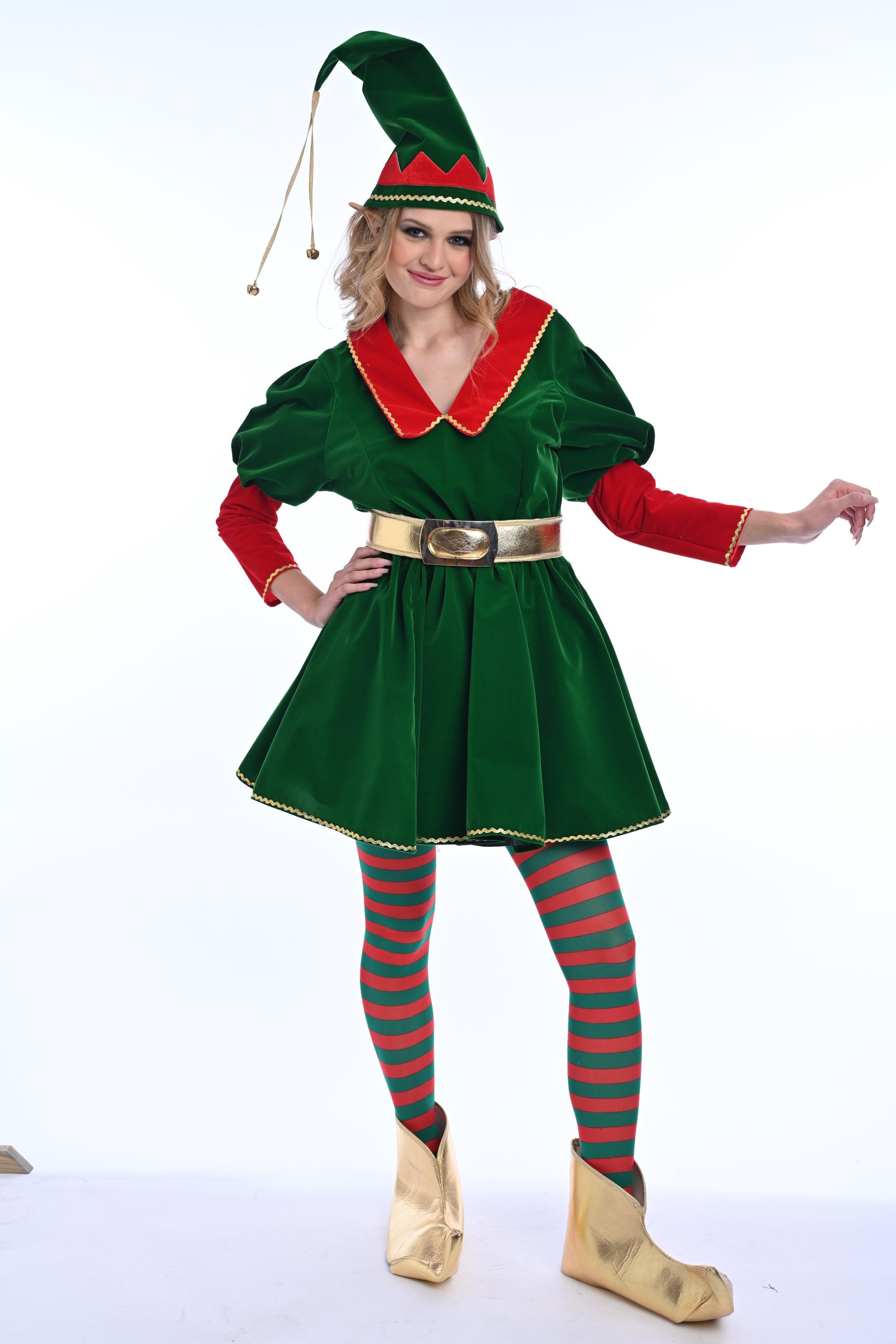 Christmas Elf Dress Costume: Women's Green Velvet Handmade Outfit With Accessories