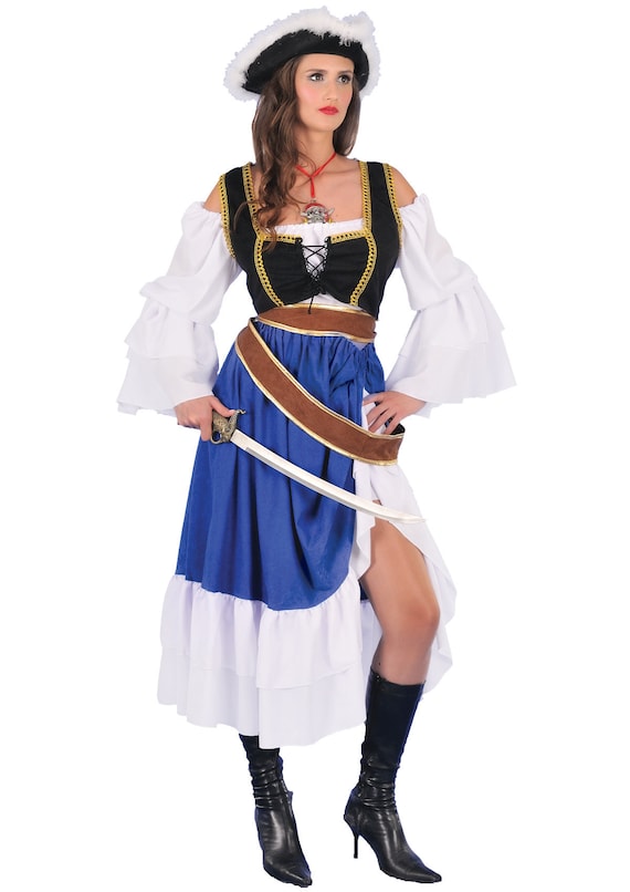 Hermoso disfraz de mujer pirata. Sexy traje femenino corsario, traje de  vestido azul y blanco náutico, hecho a mano y listo para enviar. -   España