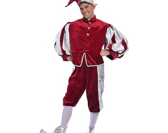 May include: A red and white jester costume. The outfit includes a red velvet vest with silver buttons, matching shorts, and a hat with a pointed tip. The sleeves are white with red stripes. The costume is completed with silver shoes.