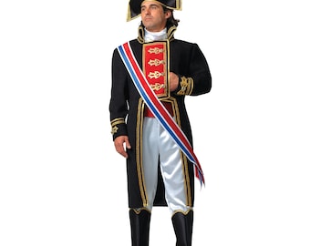 May include: A black Napoleonic costume with gold trim, a red and blue sash, and a bicorne hat. The costume includes a long coat, white pants, and black boots. The hat has a blue and red emblem.