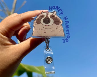 Raccoon Close Up Badge Reel with ID Belt Clip Cute Design Acrylic for Children Gift Name Work Accessories for Nurses Medical Teacher Student