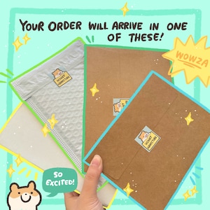 May include: Two different packaging options for an order. One is a brown envelope with a sticker that says "HONEY HAMSTORE" and the other is a silver bubble mailer with the same sticker. The text "YOUR ORDER WILL ARRIVE IN ONE OF THESE!" is written in a speech bubble above the packages. The text "WOWZA" is written in a speech bubble on the right side of the image. The text "So EXCITED!" is written in a speech bubble on the left side of the image.