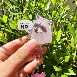 Raccoon Respectfully No Badge Reel with ID Belt Clip Cute Design Acrylic for Children Gift Work Accessories Nurses Medical Teacher Student