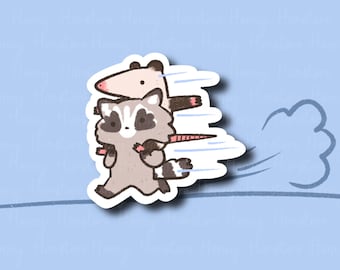 May include: A cartoon raccoon and opossum running together. The raccoon is brown and gray with a black mask. The opossum is pink and white. They are both running with their tails behind them. There is a white blur behind them, suggesting they are moving quickly.