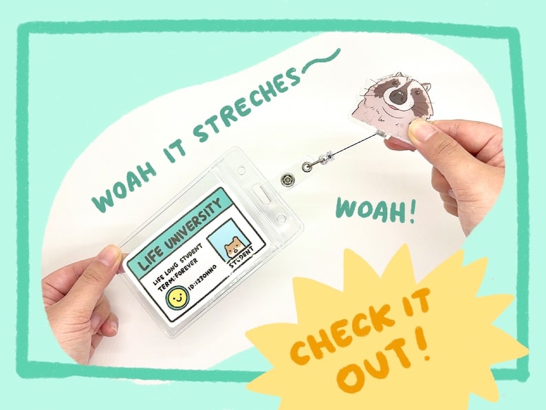 May include: A clear plastic ID badge holder with a retractable cord attached to a cartoon raccoon charm. The badge holder has a printed design that says "Life University" and "Life Long Student, Term Forever".