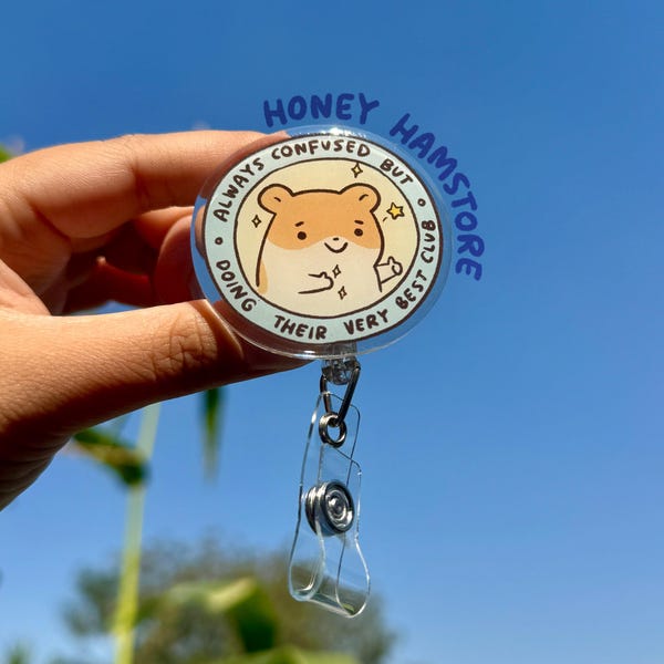 Hamster Confused Club Badge Reel with ID Belt Clip Cute Design Acrylic for Children Gift Work Accessories Nurses Medical Teacher Student