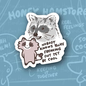 Nobody Knows You're Freaking Out Raccoon | Funny Sticker | Gifts under 10 | Water Resistant Sticker | Laptop Water Bottle Phone Case Decal