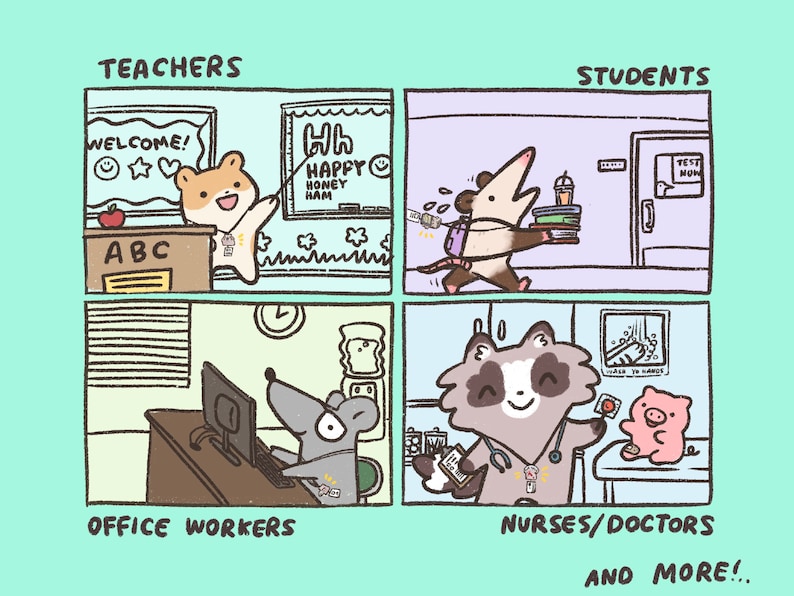 May include: A cartoon illustration depicting various professions, including teachers, students, office workers, nurses and doctors. The illustration features a range of animals, including a raccoon, a possum, a pig, and a dog, each in a different setting representing their profession.