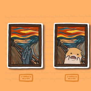 May include: Two framed prints of the famous "The Scream" painting, but with a fish and a hamster replacing the human figure. The fish is blue and the hamster is orange.