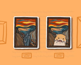 May include: Two framed prints of the famous "The Scream" painting, but with a fish and a hamster replacing the human figure. The fish is blue and the hamster is orange.