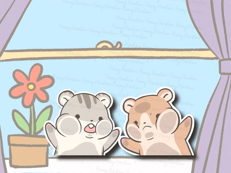 K&ouml;nnte beinhalten: Zwei Comic-Hamster schauen aus einem Fenster. Der Hamster links ist grau und wei&szlig; mit einem &uuml;berraschten Ausdruck. Der Hamster rechts ist braun und wei&szlig; mit einem m&uuml;rrischen Ausdruck. Eine rote Blume in einem Topf ist auf der linken Seite des Bildes zu sehen.