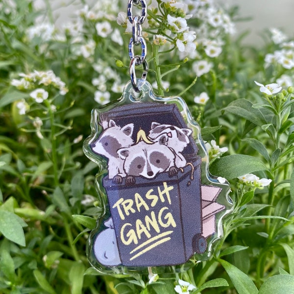 Trash Gang Raccoon Clear Acrylic Keychain | Cartoon Illustration Art Style Double-Sided Epoxy Charm | Cute Kawaii Funny | Gift For Her Him