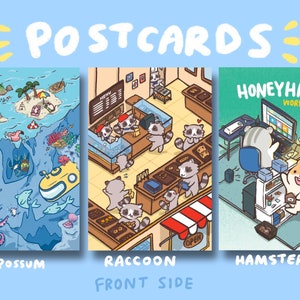 Raccoon Bakery, Hamster Workshop, Possum Island Resort Illustrated Postcards | High Quality | Gifts under 5 | Wall Gallery | Small Prints