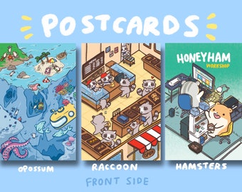 Raccoon Bakery, Hamster Workshop, Possum Island Resort Illustrated Postcards | High Quality | Gifts under 5 | Wall Gallery | Small Prints