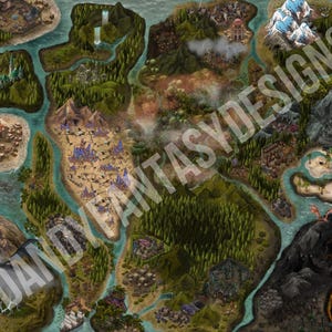 May include: A detailed fantasy map with various terrains, including mountains, forests, and bodies of water. The map features castles, towns, and a compass rose. The text "DANDYFANTASYDESIGNS" is watermarked across the image.