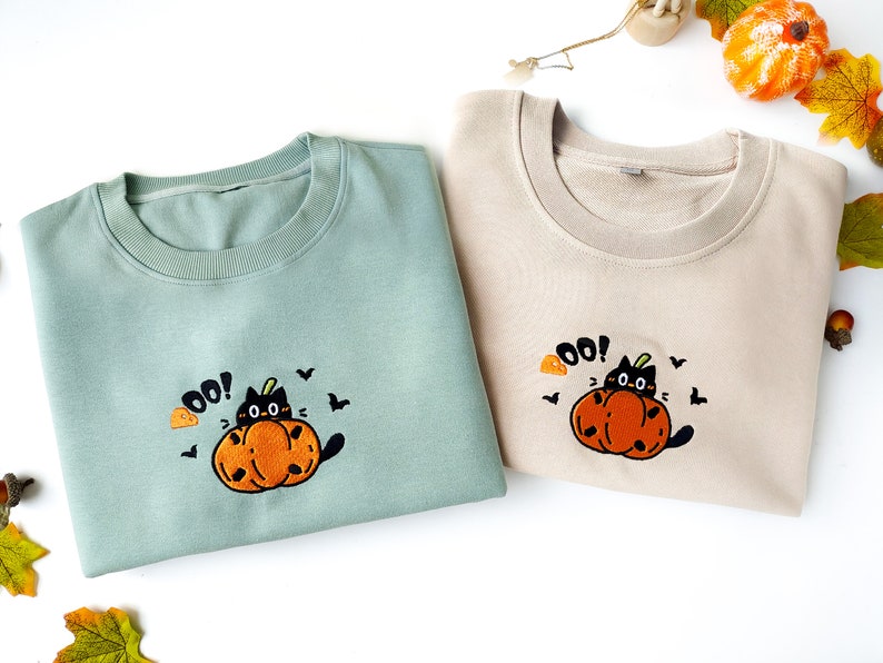 Chat noir brodé et sweat-shirt citrouille, vêtements mignons d'Halloween, col rond chat brodé, col rond automne, automne citrouille, chats mignons image 5