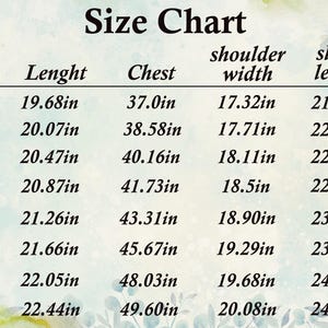 Puede incluir: Una tabla de tallas de ropa con medidas en pulgadas para largo, pecho, ancho de hombros y largo de manga. Las tallas van de la S a la 5XL, con las medidas correspondientes.
