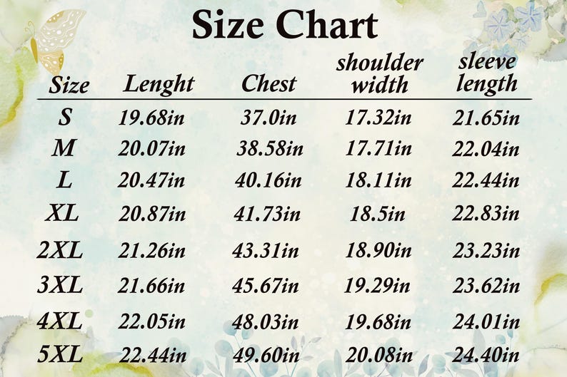 Puede incluir: Una tabla de tallas de ropa con medidas en pulgadas para largo, pecho, ancho de hombros y largo de manga. Las tallas van de la S a la 5XL, con las medidas correspondientes.