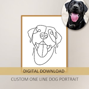 Peut inclure: Téléchargement numérique d'un portrait de chien personnalisé en une seule ligne. L'image montre un dessin au trait noir et blanc de la tête d'un chien avec sa langue qui sort.