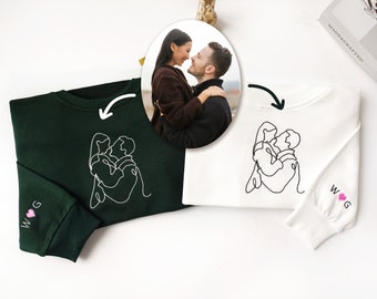 Custom Embroidered Sweatshirt Portrait From Photo, Outline Photo Sweatshirt,Couple Hoodie,Valentine's Day gift,Couple Gift,Mother's Day Gift