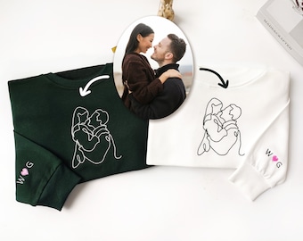 Custom Embroidered Sweatshirt Portrait From Photo,Outline Photo Couple Hoodie,Valentine's Day gift,Couple Gift,Valentine's Day Gift