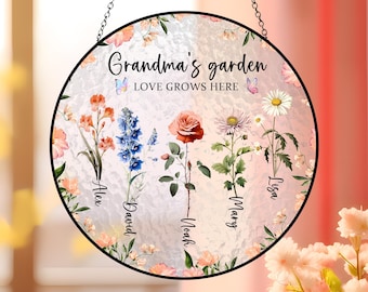 Grandma Garden Suncatcher, Stained Glass Window Hanging, Personalized Floral Gift for Mother Day or Mom,Grandma Gift