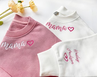 Custom Embroidered Mama Sweatshirt with Kid Name on Sleeve,Personalized Mum Sweatshirt,Personalized Gifts,Mom gifts