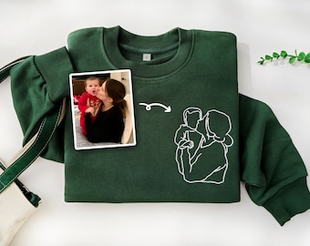 Custom Personalized Portrait Embroidered Sweatshirt,Custom Photo Outline Photo Sweatshirt,Couple Hoodie, Wedding Gift,Mother's Day Gifts