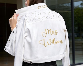 Chaqueta vaquera personalizada con perla blanca, chaqueta vaquera personalizada para señora, chaqueta vaquera blanca, chaqueta con perla para despedida de soltera, chaqueta vaquera para novia, regalo para novia