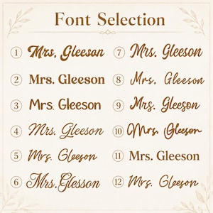 May include: A font selection chart featuring the text 'Font Selection' at the top, followed by twelve numbered options. Each option displays the name 'Mrs. Gleeson' in a distinct brown typeface, ranging from serif and sans-serif to script styles.