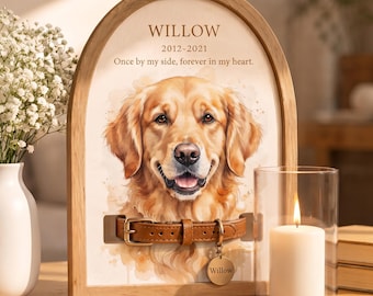 Custom Watercolor Pet Memorial Frame with Dog Collar Holder, Pet Collar Frame For Loved One, Personalized Dog Passing Gift, Engraved Frame