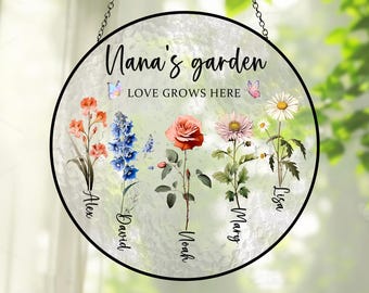 Custom Grandma,Nana Garden Suncatcher,Personalized Birth Flower Stained Glass Window Hanging Suncatcher,Gift for Mother Day,Grandma,MomGift
