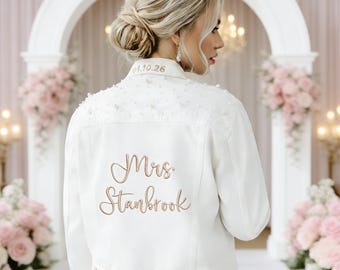 Veste en jean pour la mariée, veste de mariée personnalisée blanche, veste en jean pour la mariée, veste en jean personnalisée, cadeau de fiançailles, cadeau de mariage, veste de mariage