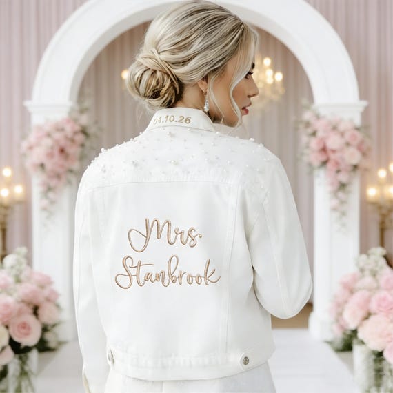 Bride Jean Jacket, White Personalized Bridal Jacket, Bride Denim Jacket, Custom Jean Jacket, Engagement Gift, Wedding Gift, Wedding Jacket