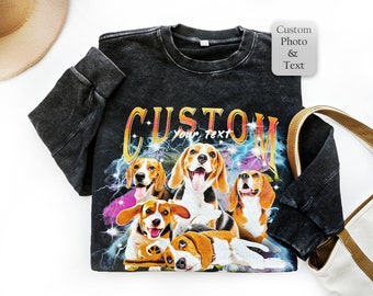 May include: Black sweatshirt with a graphic print of five beagle dogs in a colorful, psychedelic design. The text "CUSTOM your text" is printed above the dogs.