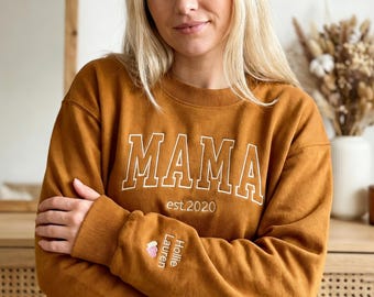 Custom MAMA Embroidered Sweatshirt,Name On Sleeve With Heart,Grandma Shirt With Date,Mama Est Year Shirt,Gift For New Mom,Mothers Day Gift