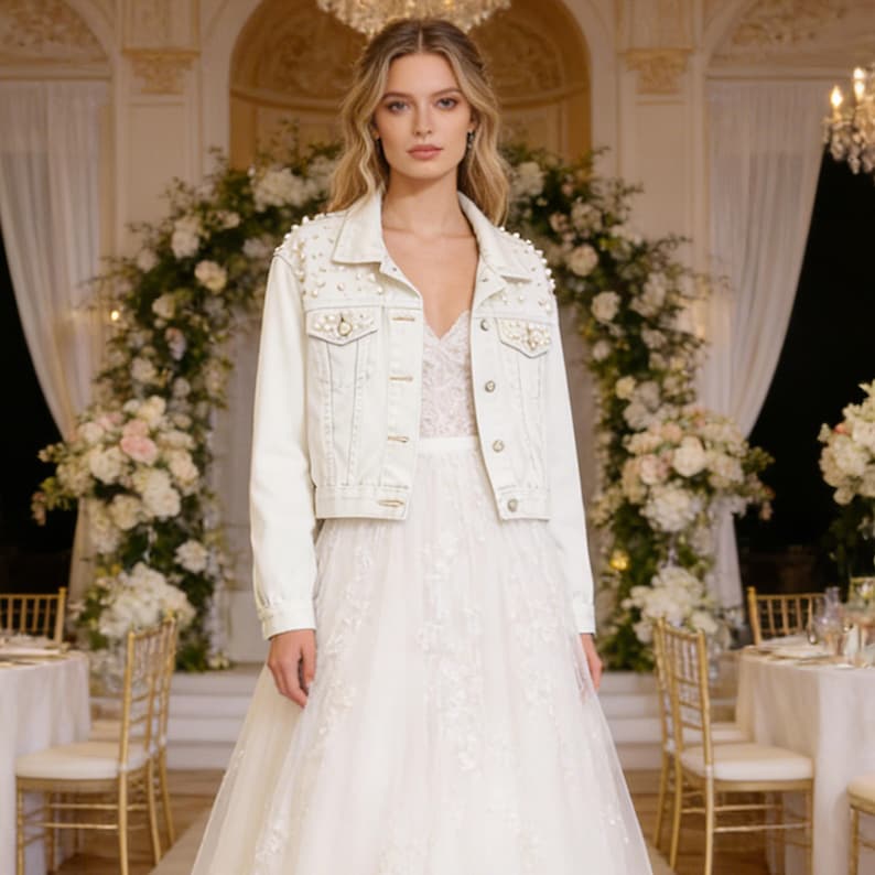 May include: A white denim jacket featuring a classic collar, long sleeves, and a button-front closure. The jacket is embellished with scattered white pearls across the shoulders and chest, including on the two buttoned flap chest pockets.