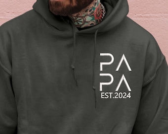 Sweat à capuche papa brodé personnalisé avec nom et année, t-shirt père, faire-part pour papa, sweat cool papa, cadeau pour la fête des pères