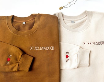 Custom Embroidered Roman Numeral Sweatshirt,Personalized Couple Hoodies, Date and Initial Hoodie, Engagements Gifts, Anniversaries Gifts